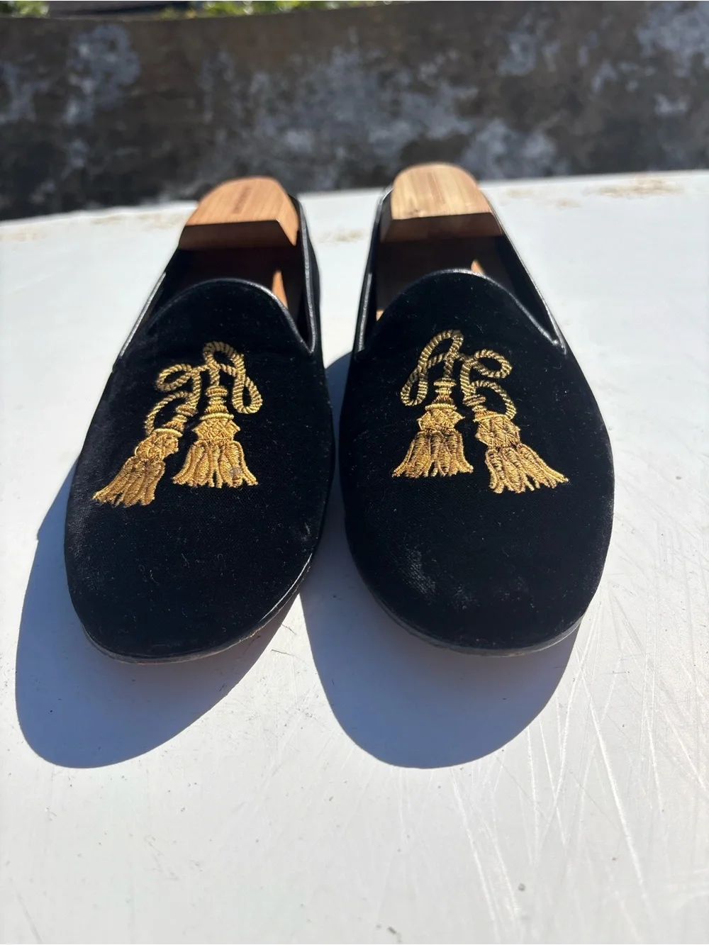 Vintage - House of ZALO Women’s Black  with Gold Velvet Smoking Loafers, 10 - Picture 4 of 8